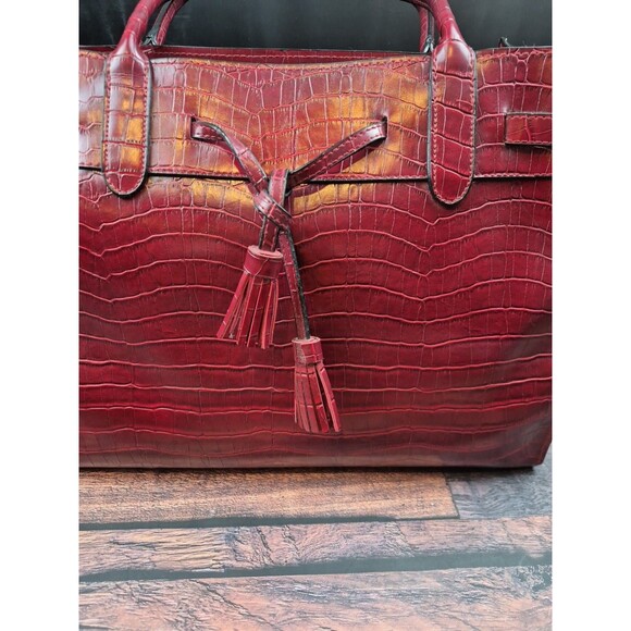 Bueno Burgundy Croc Embossed Faux Leather Large Weekender Tote Purse Attache VTG - Picture 2 of 16